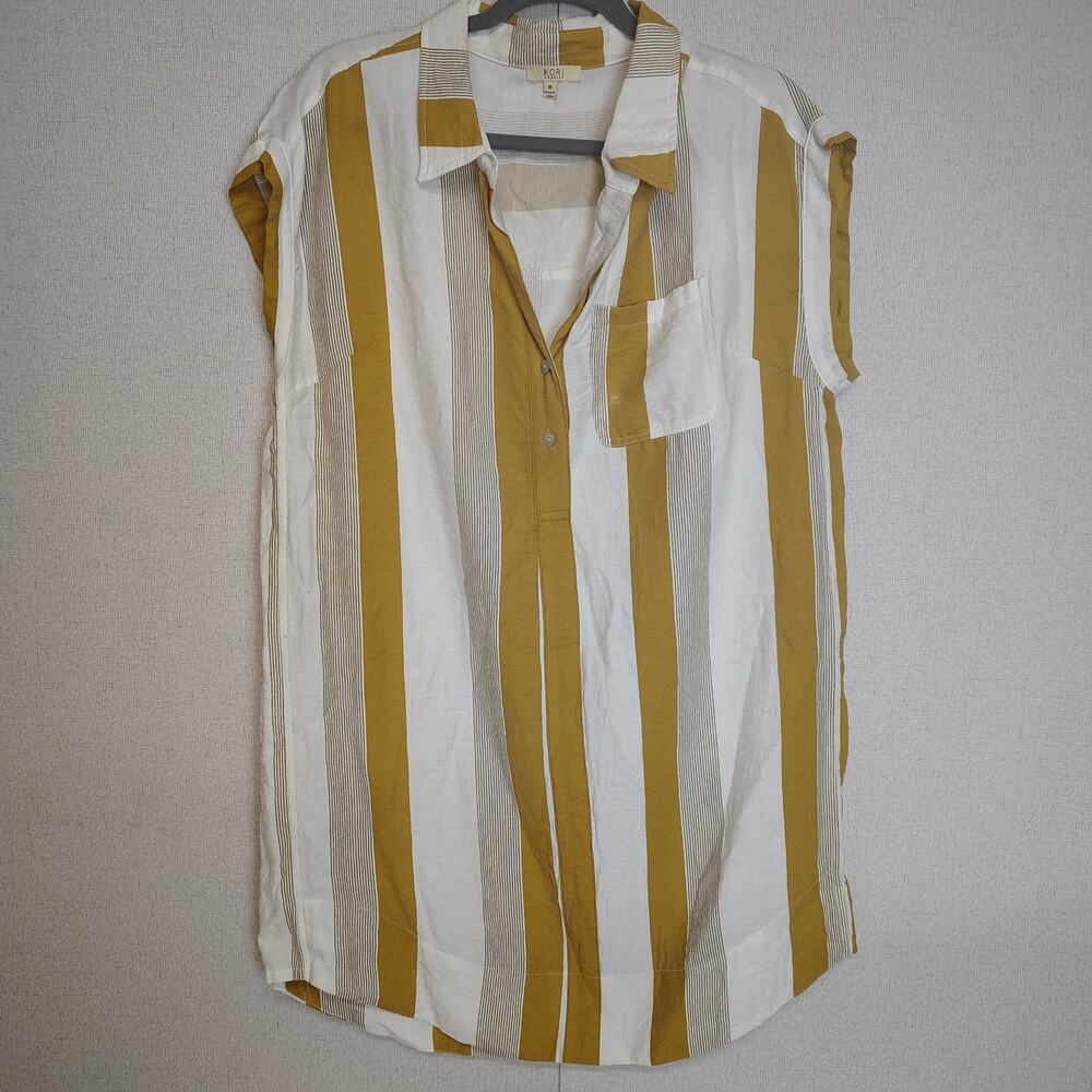 Kori America Womens M Striped Button Front Blouse Boho Coastal Resort Oversized